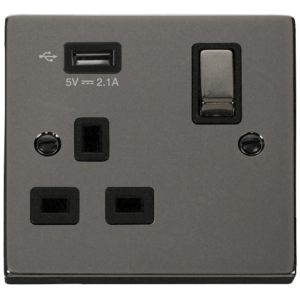 Ingot 1 Gang Switched & USB Outlet Socket 13A 5V 2.1A Black Nickel