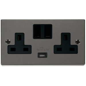 2G Switched c/w USB Outlet Socket 13A 2.1A Black Nickel