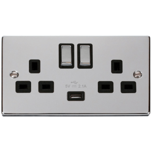 Ingot 2G Switched c/w USB Outlet Socket 13A 2.1A Polished Chrome