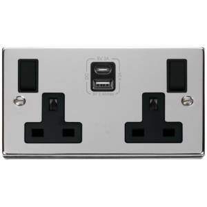 2 Gang Switched c/w Twin USB Outlet Socket 13A 2x2.1A Polished Chrome