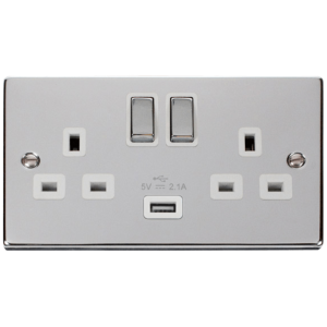 Ingot 2G Switched c/w USB Outlet Socket 13A 2.1A Polished Chrome