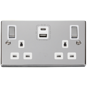2 Gang Switched c/w Twin USB Outlet Socket 13A 2x2.1A Polished Chrome