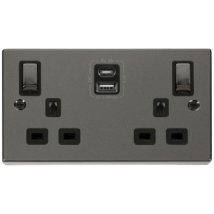 2 Gang Switched c/w Twin USB Outlet Socket 13A 2x2.1A Black Nickel