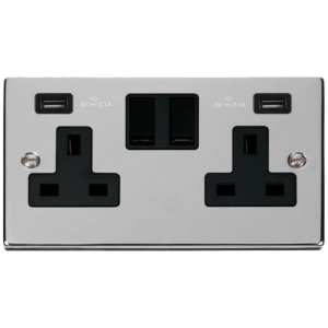 2G Switched c/w Twin USB Outlet Socket 13A 2x2.1A Polished Chrome