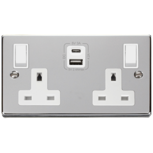 2 Gang Switched c/w Twin USB Outlet Socket 13A 2x2.1A Polished Chrome