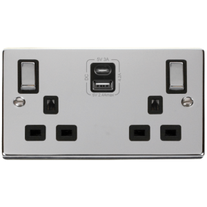 2 Gang Switched c/w Twin USB Outlet Socket 13A 2x2.1A Polished Chrome