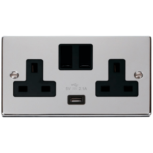 2G Switched c/w USB Outlet Socket 13A 2.1A Polished Chrome