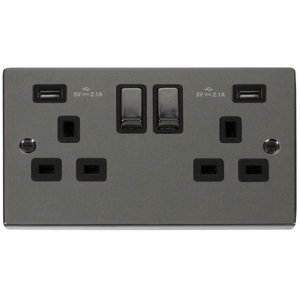 Ingot 2G Swd c/w Twin USB Outlet Socket 13A 2x2.1A Black Nickel