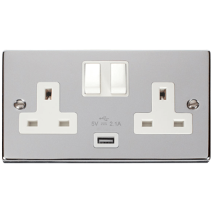 2G Switched c/w USB Outlet Socket 13A 2.1A Polished Chrome