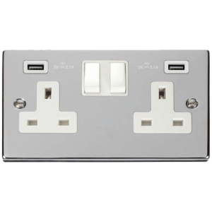 2G Switched c/w Twin USB Outlet Socket 13A 2x2.1A Polished Chrome